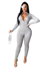 Load image into Gallery viewer, JRRY Casual Women Ribbed Jumpsuits Letters Sleeves Turtleneck Zippers Rib Bodysuit Skinny Raised Lines Pattern Outdoor Wear
