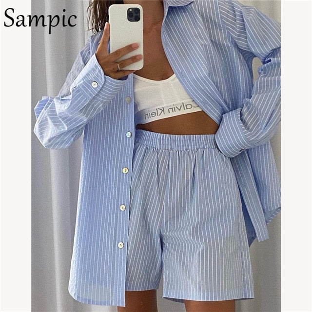 Sampic Loung Wear Tracksuit Women Shorts Set Stripe Long Sleeve Shirt Tops And Loose High Waisted Mini Shorts Two Piece Set 2021