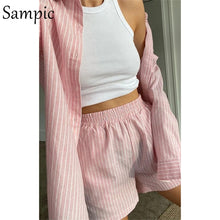 Load image into Gallery viewer, Sampic Loung Wear Tracksuit Women Shorts Set Stripe Long Sleeve Shirt Tops And Loose High Waisted Mini Shorts Two Piece Set 2021
