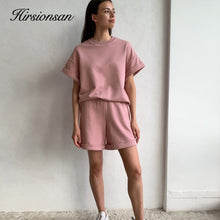 Load image into Gallery viewer, Hirsionsan Summer Cotton Sets Women Casual Two Pieces Short Sleeve T Shirts and High Waist Short Pants Solid Outfits Tracksuit
