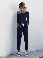 Load image into Gallery viewer, Fashion Women Summer Solid Color Jumpsuits Drawstring Design Pockets Decor Oblique Collar Short Sleeve Mid Waist Slim Jumpsuits
