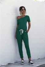 Load image into Gallery viewer, Fashion Women Summer Solid Color Jumpsuits Drawstring Design Pockets Decor Oblique Collar Short Sleeve Mid Waist Slim Jumpsuits
