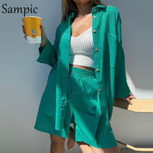 Load image into Gallery viewer, Sampic Loung Wear Tracksuit Women Shorts Set Stripe Long Sleeve Shirt Tops And Loose High Waisted Mini Shorts Two Piece Set 2021
