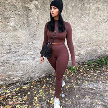 Load image into Gallery viewer, Women Fitness 2 Two Piece Outfits Long Sleeve Solid Crop Tops Leggings Set Bodycon Tracksuit
